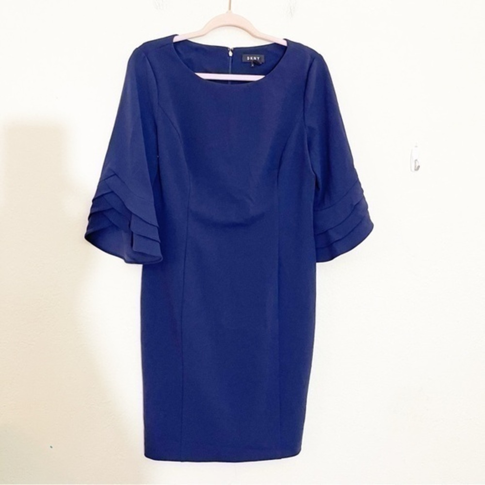 DKNY Navy Blue Midi Sheath Dress with Tiered Bell Sleeves